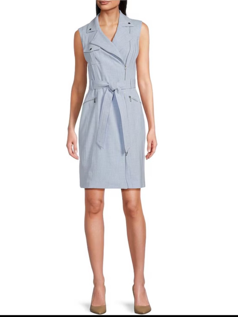 Calvin Klein Sleeveless Collar Neck Fitted Coat Jacket Dress Chambray Sheath